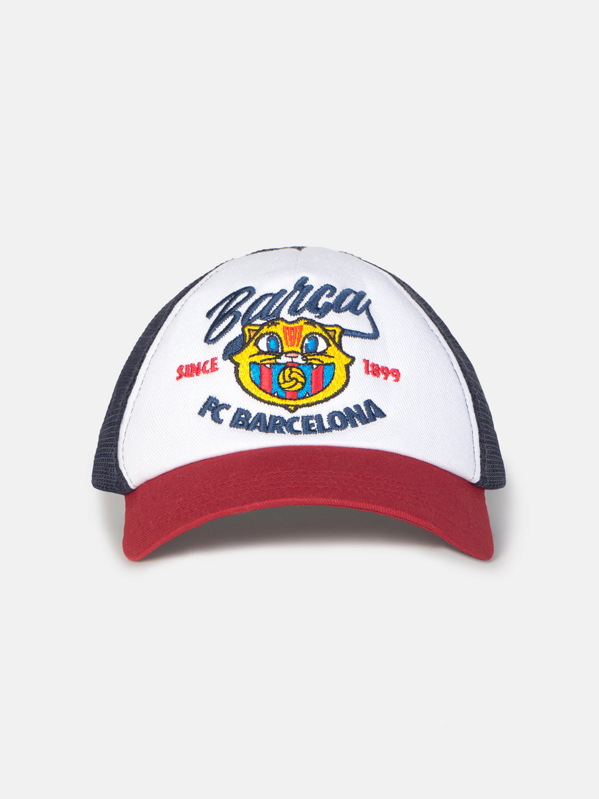 Trucker-style cap with red visor, white front panel featuring a colorful FC Barcelona crest and embroidered 'Barça' text, and black mesh back.