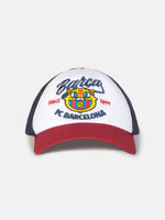 Trucker-style cap with red visor, white front panel featuring a colorful FC Barcelona crest and embroidered 'Barça' text, and black mesh back.