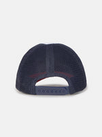 Trucker-style cap with red visor, white front panel featuring a colorful FC Barcelona crest and embroidered 'Barça' text, and black mesh back.