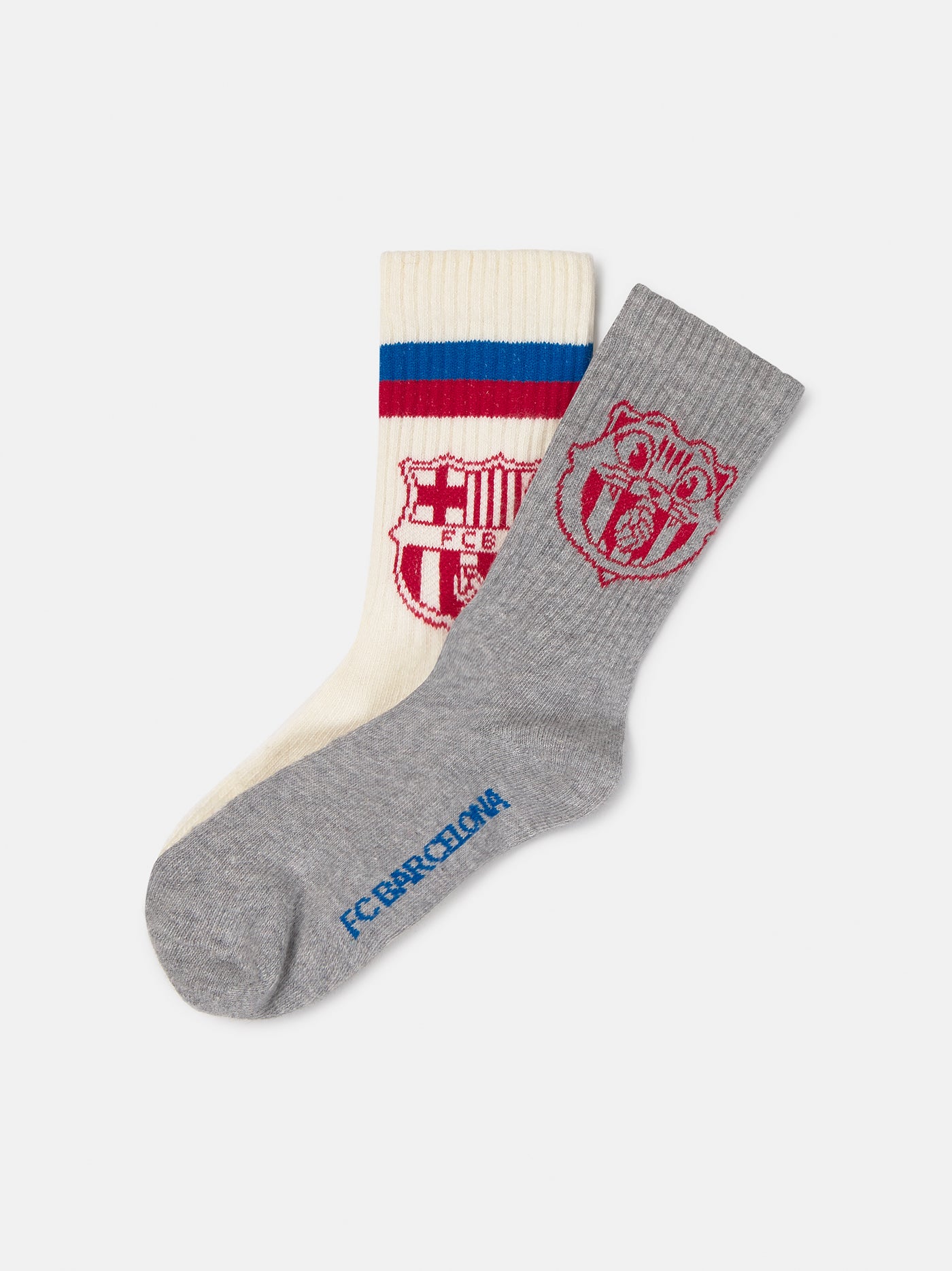 FC Barcelona socks with red and blue stripes and the club crest