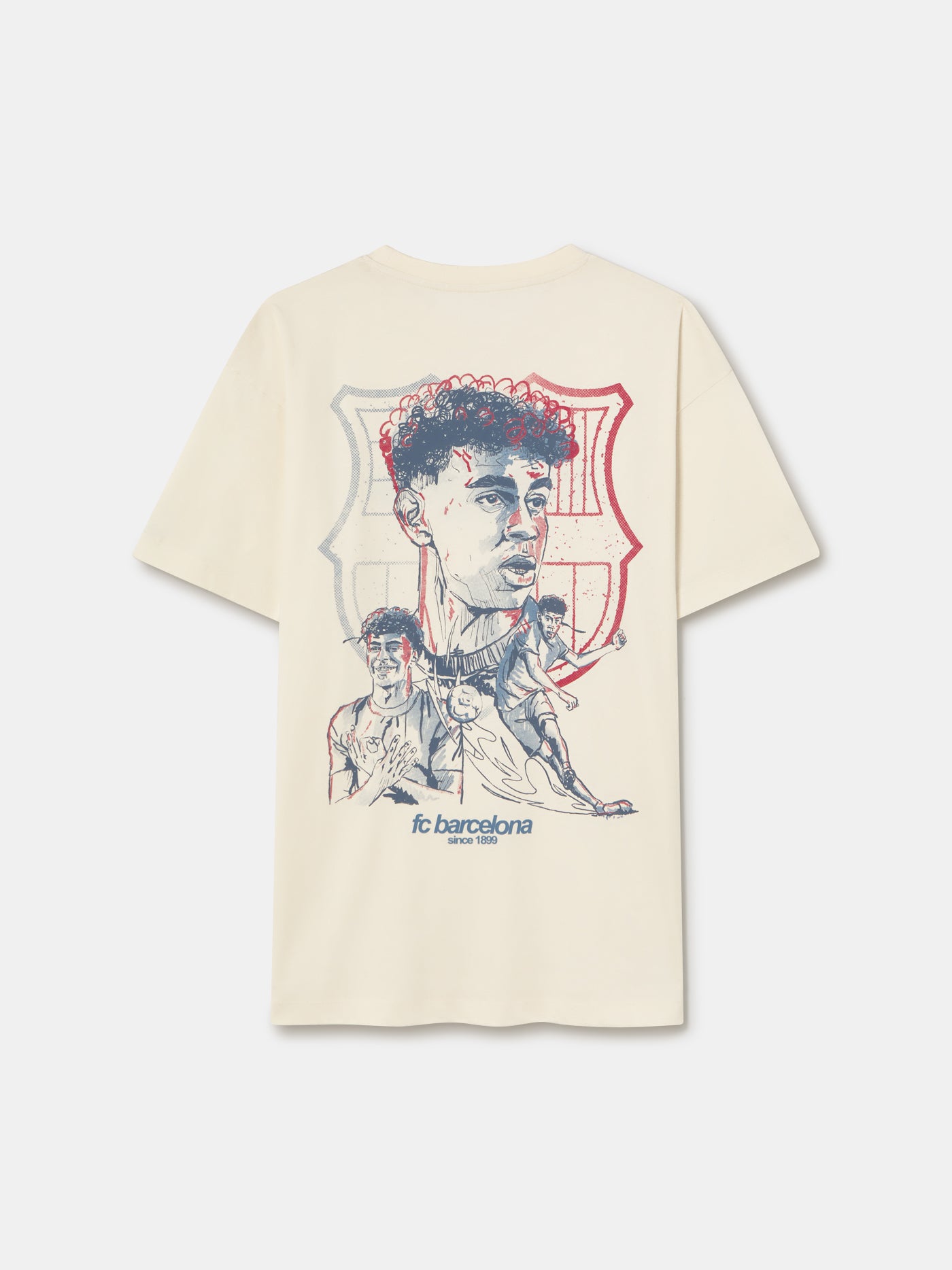 Off-white T-shirt featuring an illustrated graphic of Lamine Yamal with FC Barcelona elements and 'fc barcelona' text on the back.