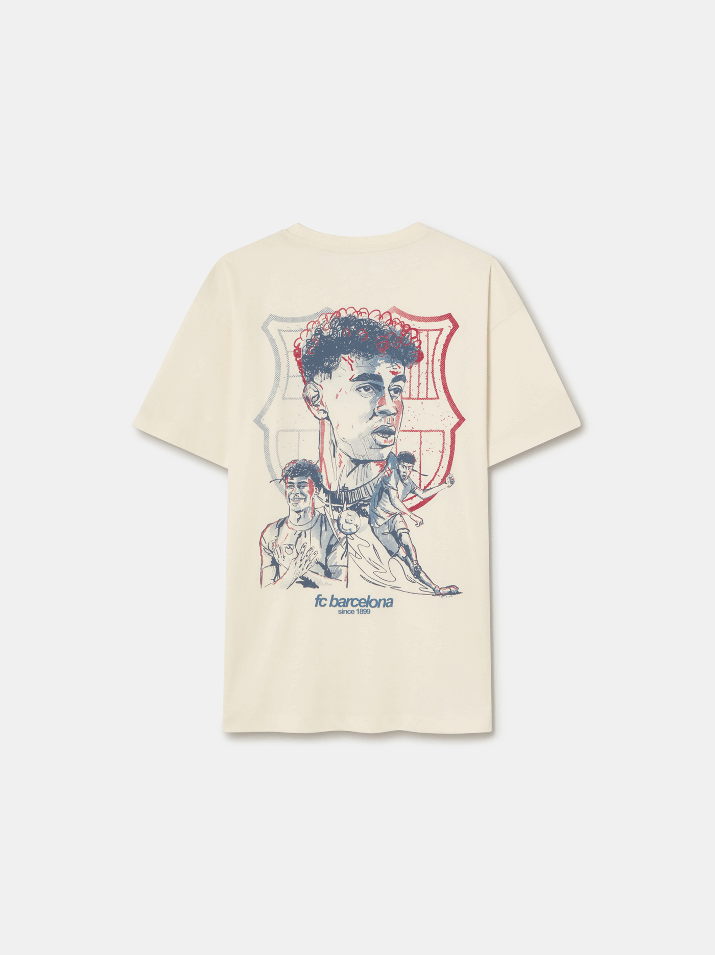 Beige FC Barcelona T-shirt featuring an artistic sketch-style print on the back of a male football player in various action poses. Behind the illustrations is the FC Barcelona crest outlined in red and blue. The design includes the text “fc barcelona since 1899” at the bottom.








