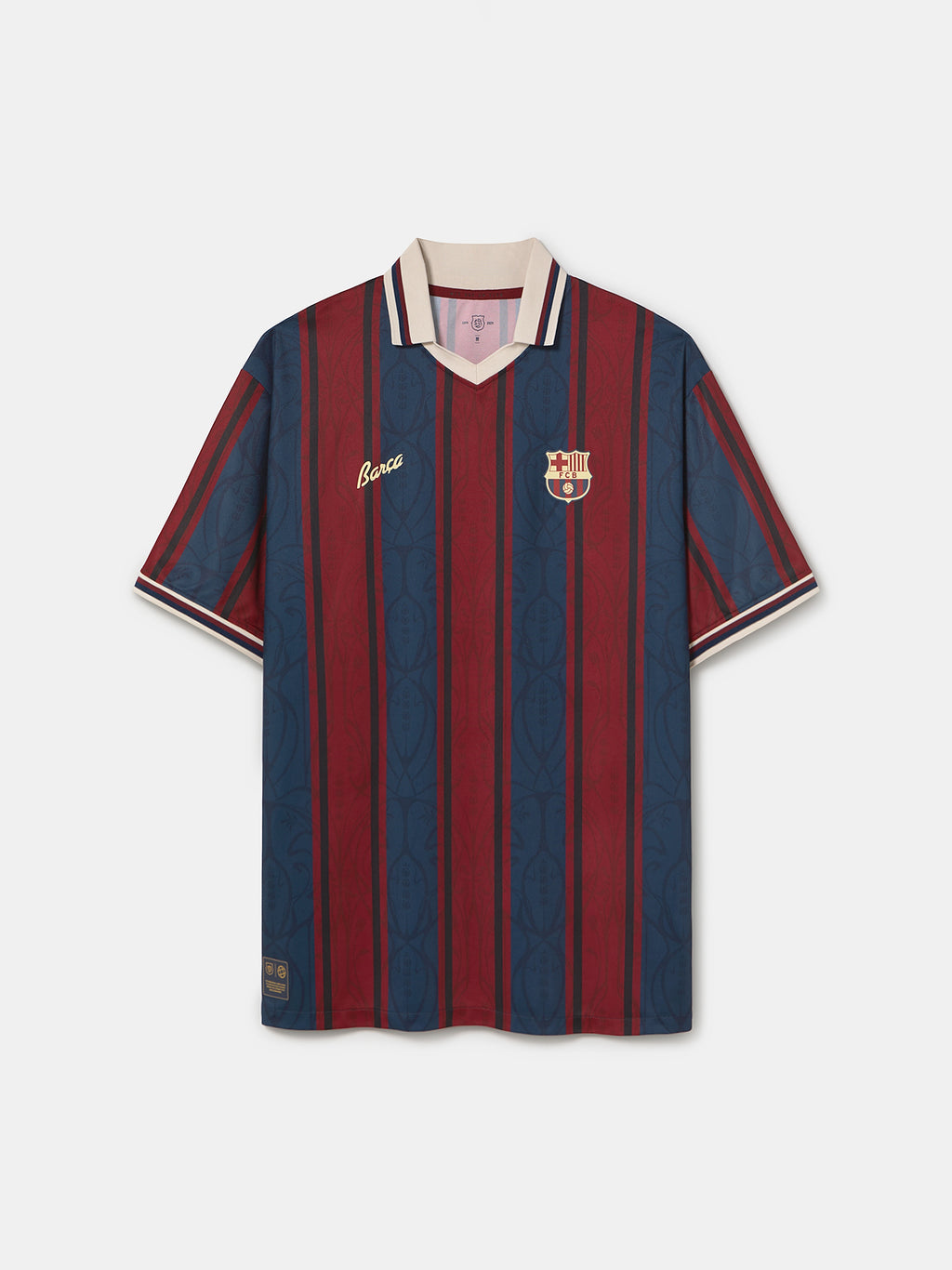 Retro-style FC Barcelona jersey with vertical red and navy stripes, gold "Barça" text on the chest, club crest on the left side, and a beige collar with navy and red trim