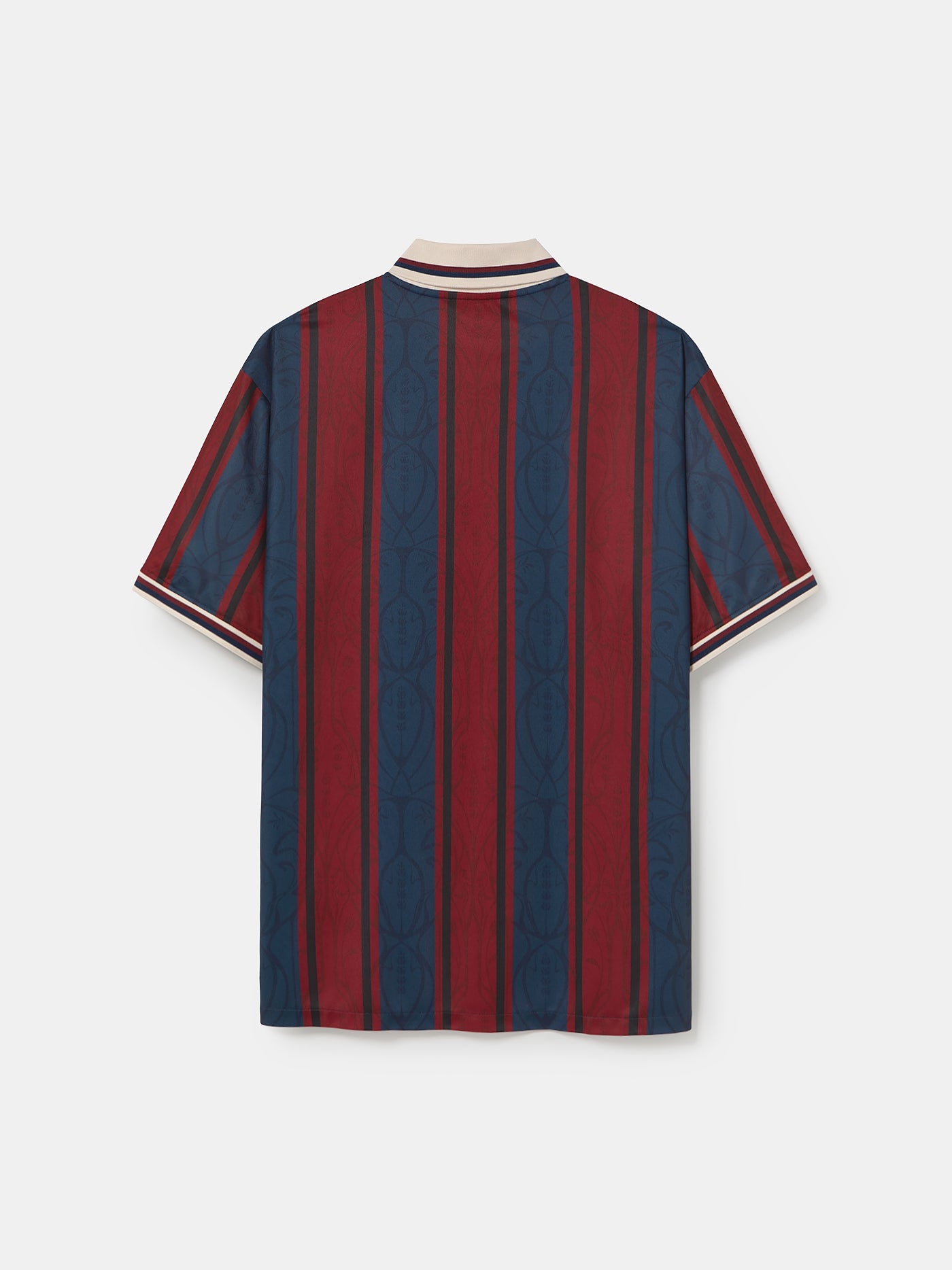 Retro-style FC Barcelona jersey with vertical red and navy stripes, gold "Barça" text on the chest, club crest on the left side, and a beige collar with navy and red trim