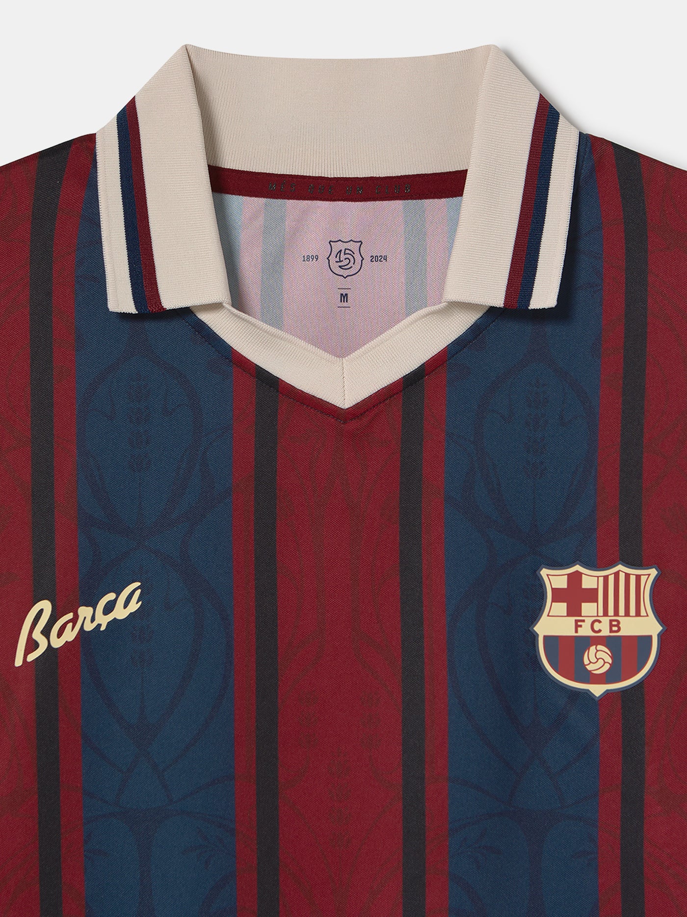 Retro-style FC Barcelona jersey with vertical red and navy stripes, gold "Barça" text on the chest, club crest on the left side, and a beige collar with navy and red trim