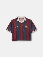 FC Barcelona cropped retro-style jersey with maroon and navy stripes, cream collar, embroidered crest, and gold 'Barça' text