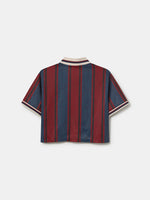 FC Barcelona cropped retro-style jersey with maroon and navy stripes, cream collar, embroidered crest, and gold 'Barça' text