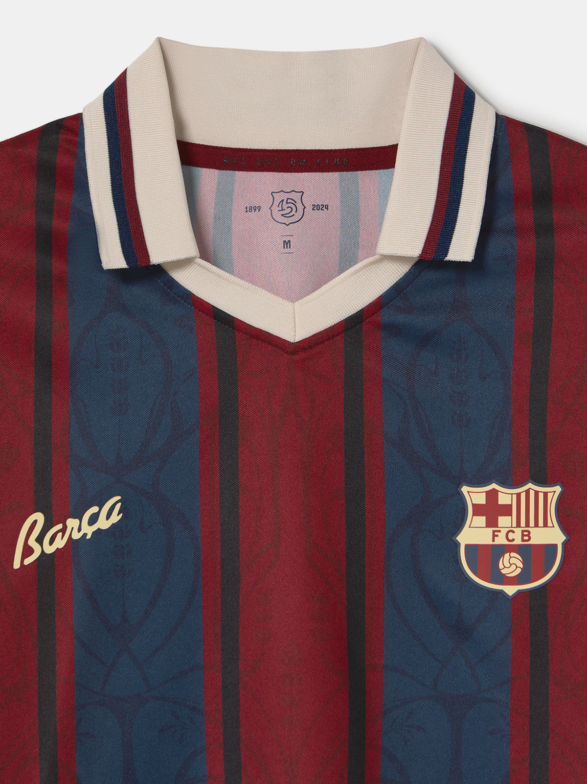 FC Barcelona cropped retro-style jersey with maroon and navy stripes, cream collar, embroidered crest, and gold 'Barça' text