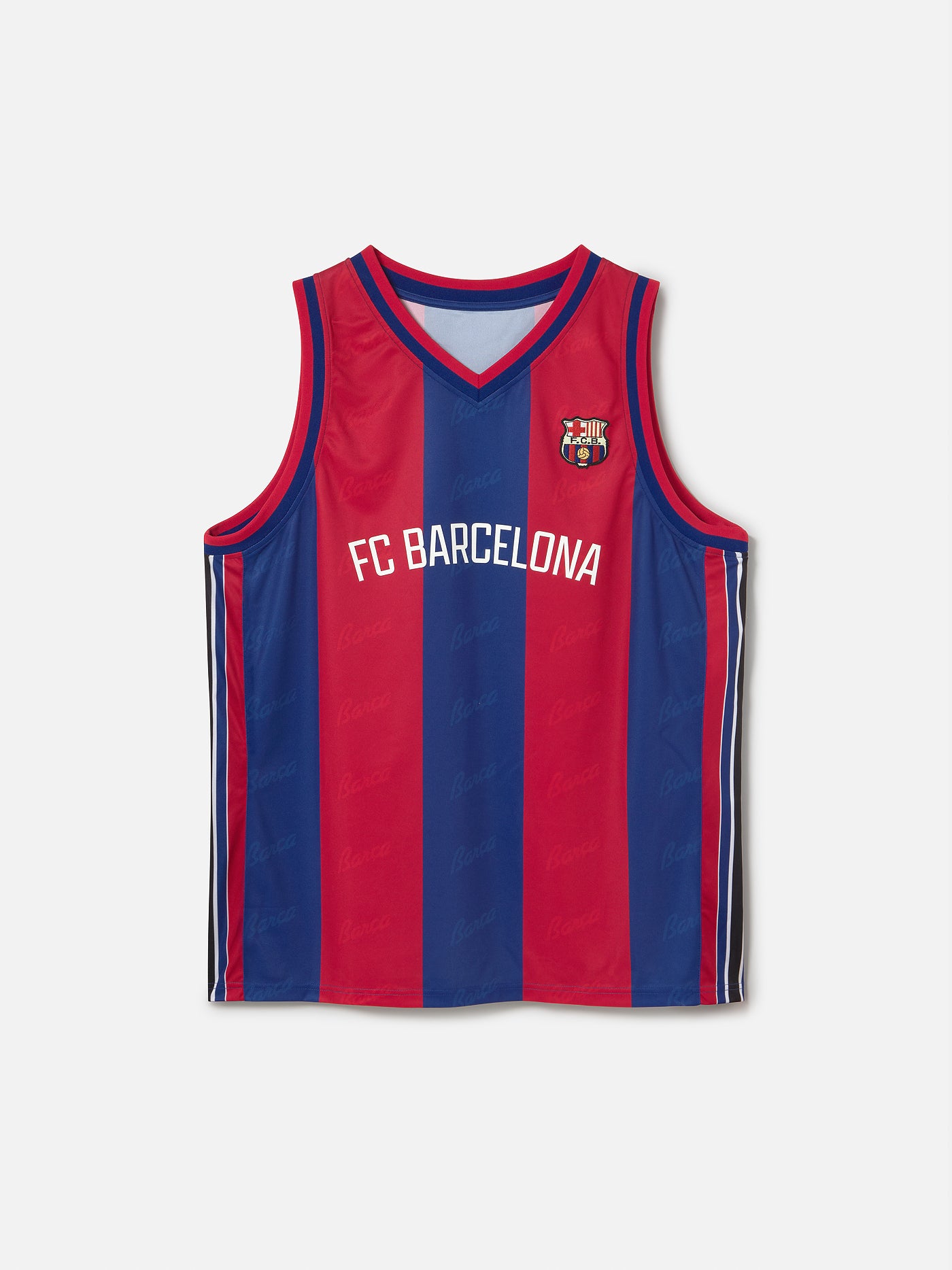 Red and blue striped basketball jersey with FC Barcelona logo on a white background
