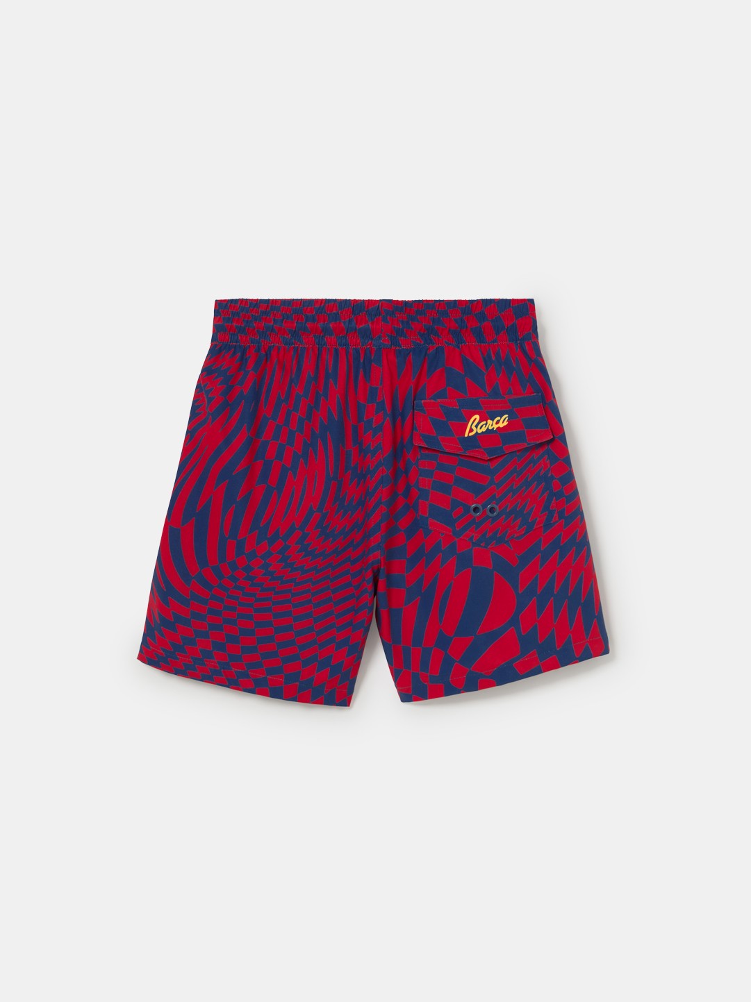 FC Barcelona-themed swim shorts featuring an eye-catching red and blue optical illusion checker pattern, elastic waistband with drawstring, side pockets, and a yellow patch label near the hem.