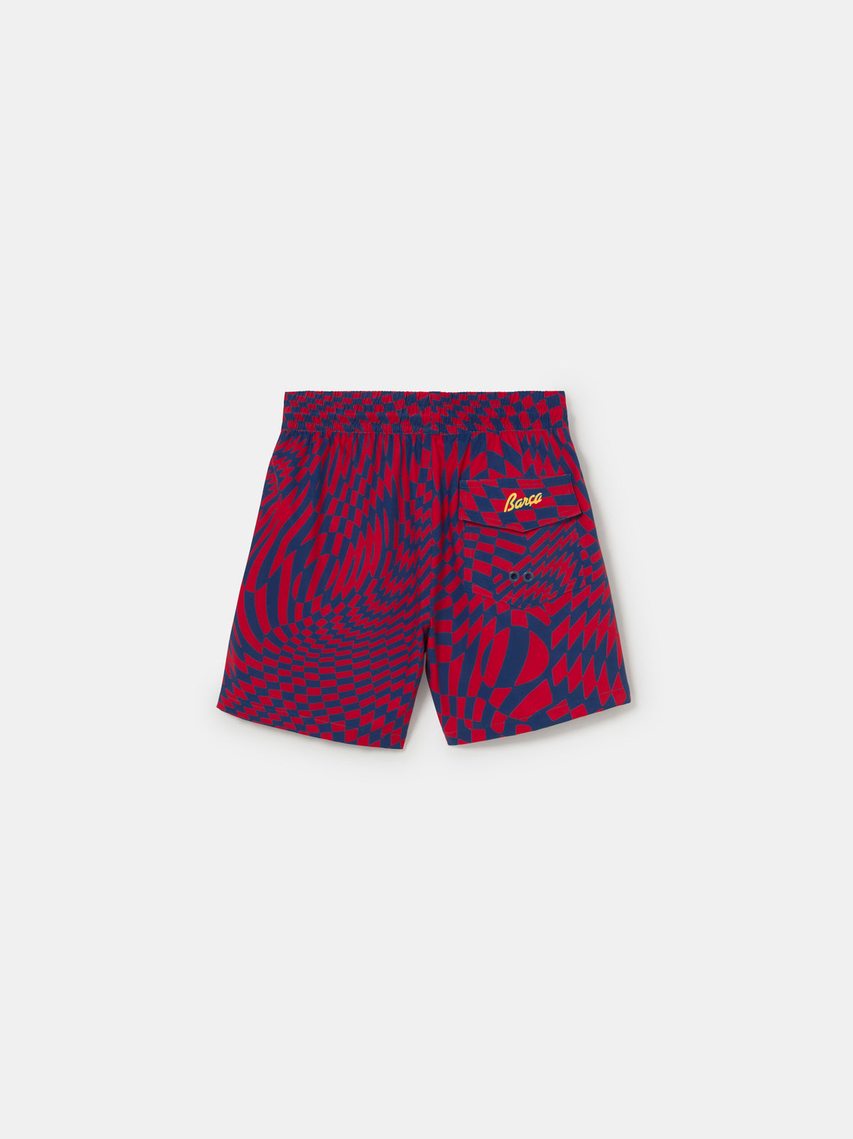 FC Barcelona swim shorts with a bold red and blue optical illusion checkerboard pattern, featuring an elastic waistband with drawstring and a yellow patch logo near the hem.