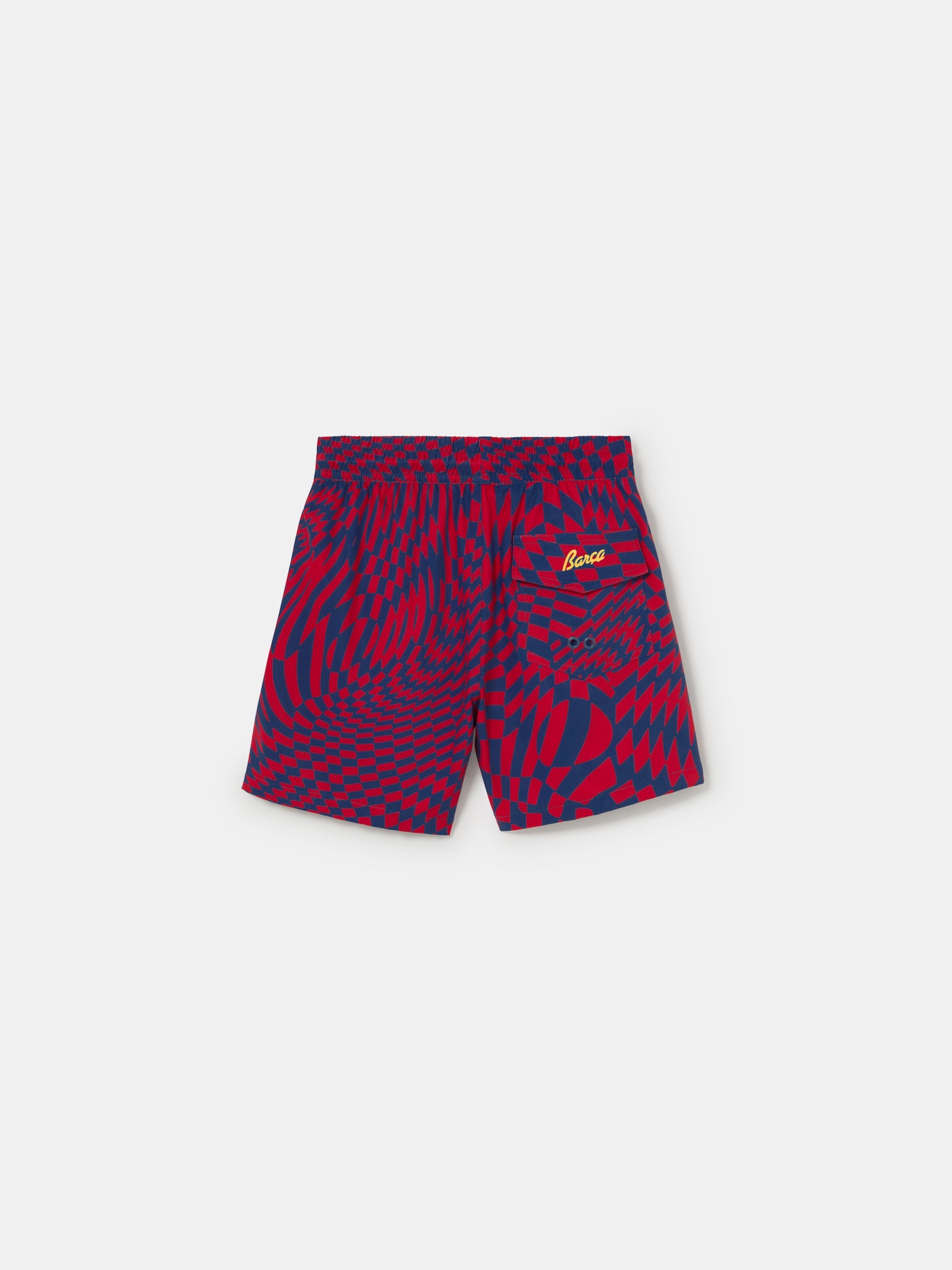 FC Barcelona swim shorts with a bold red and blue optical illusion checkerboard pattern, featuring an elastic waistband with drawstring and a yellow patch logo near the hem.
