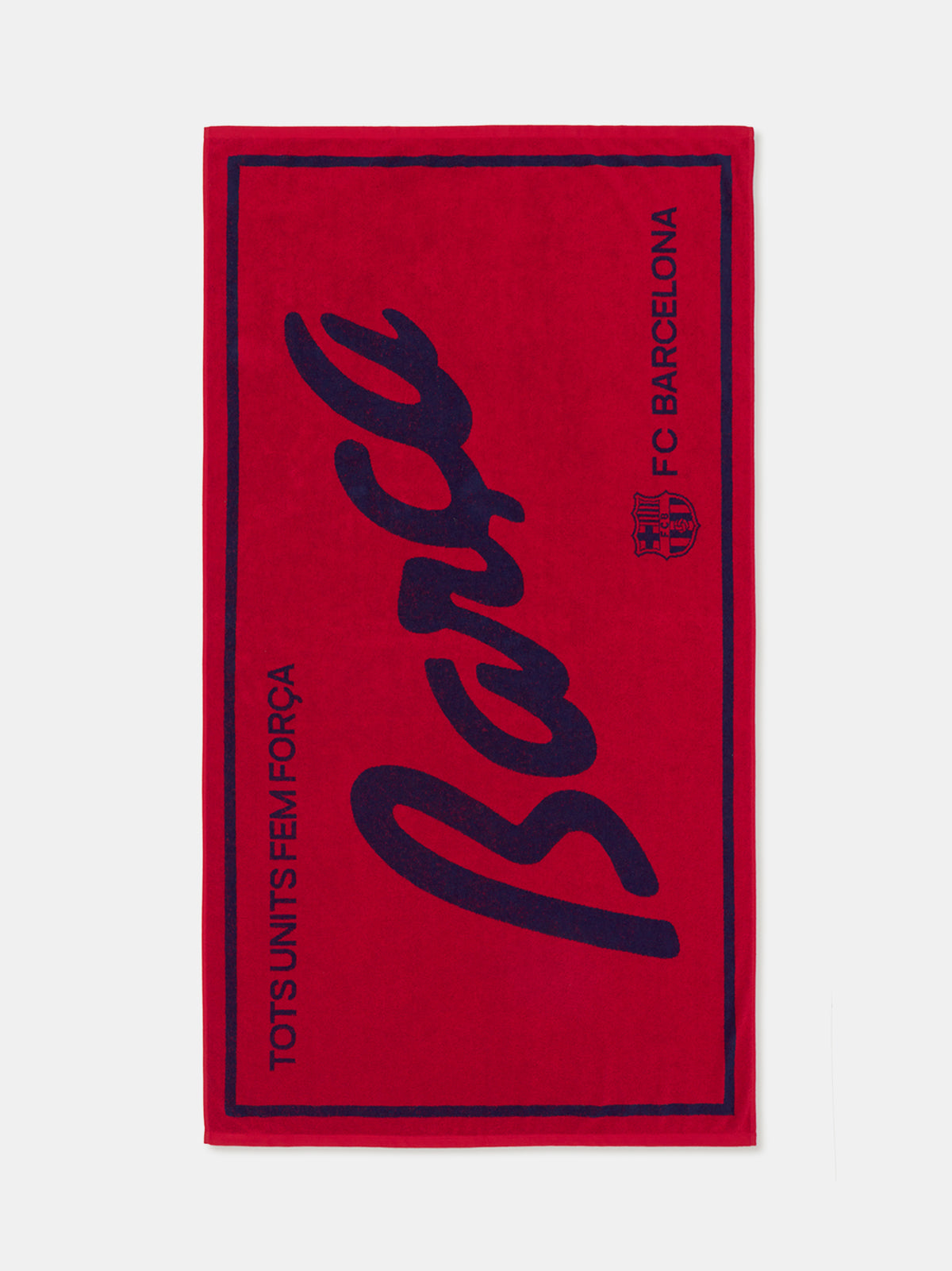 Red FC Barcelona towel featuring the word "Barça" in large navy script, with "TOTS UNITS FEM FORÇA" vertically on the left and "FC BARCELONA" with club crest on the right side