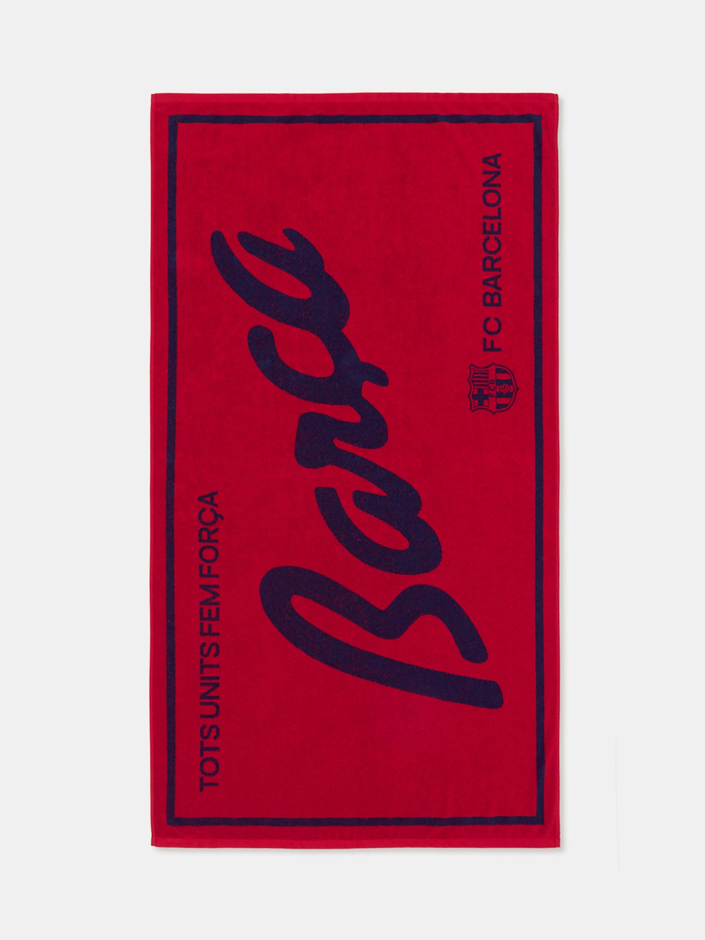 Red FC Barcelona towel featuring the word "Barça" in large navy script, with "TOTS UNITS FEM FORÇA" vertically on the left and "FC BARCELONA" with club crest on the right side