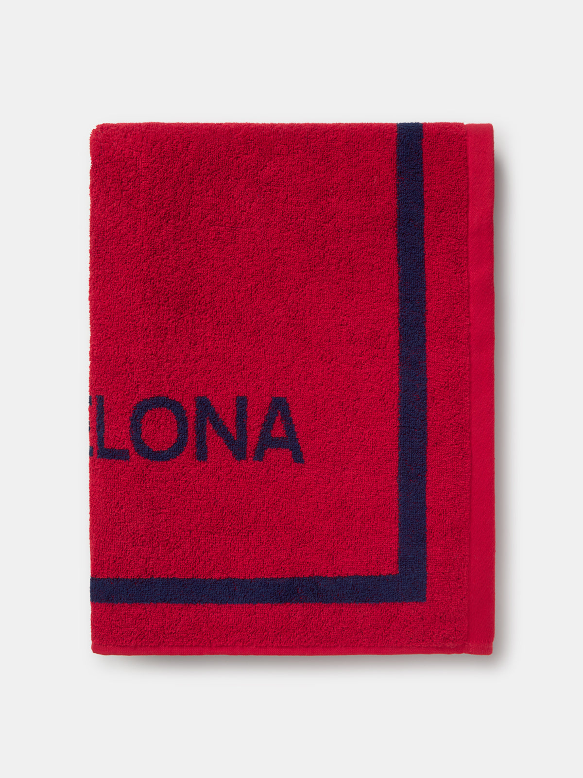 Red FC Barcelona towel featuring the word "Barça" in large navy script, with "TOTS UNITS FEM FORÇA" vertically on the left and "FC BARCELONA" with club crest on the right side