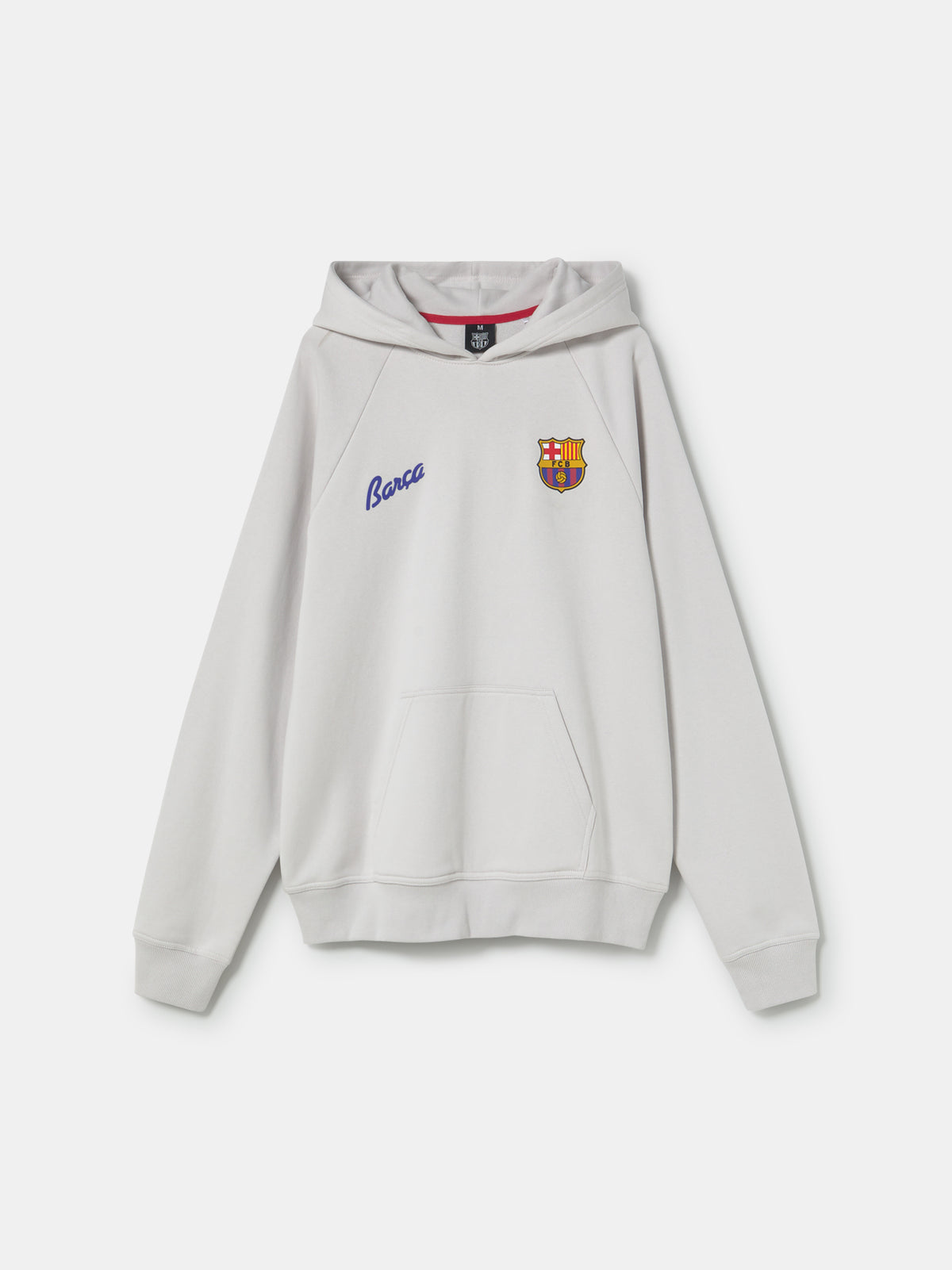 Light beige hoodie featuring a graphic of five interlocking circles with FC Barcelona colors and symbols on the back