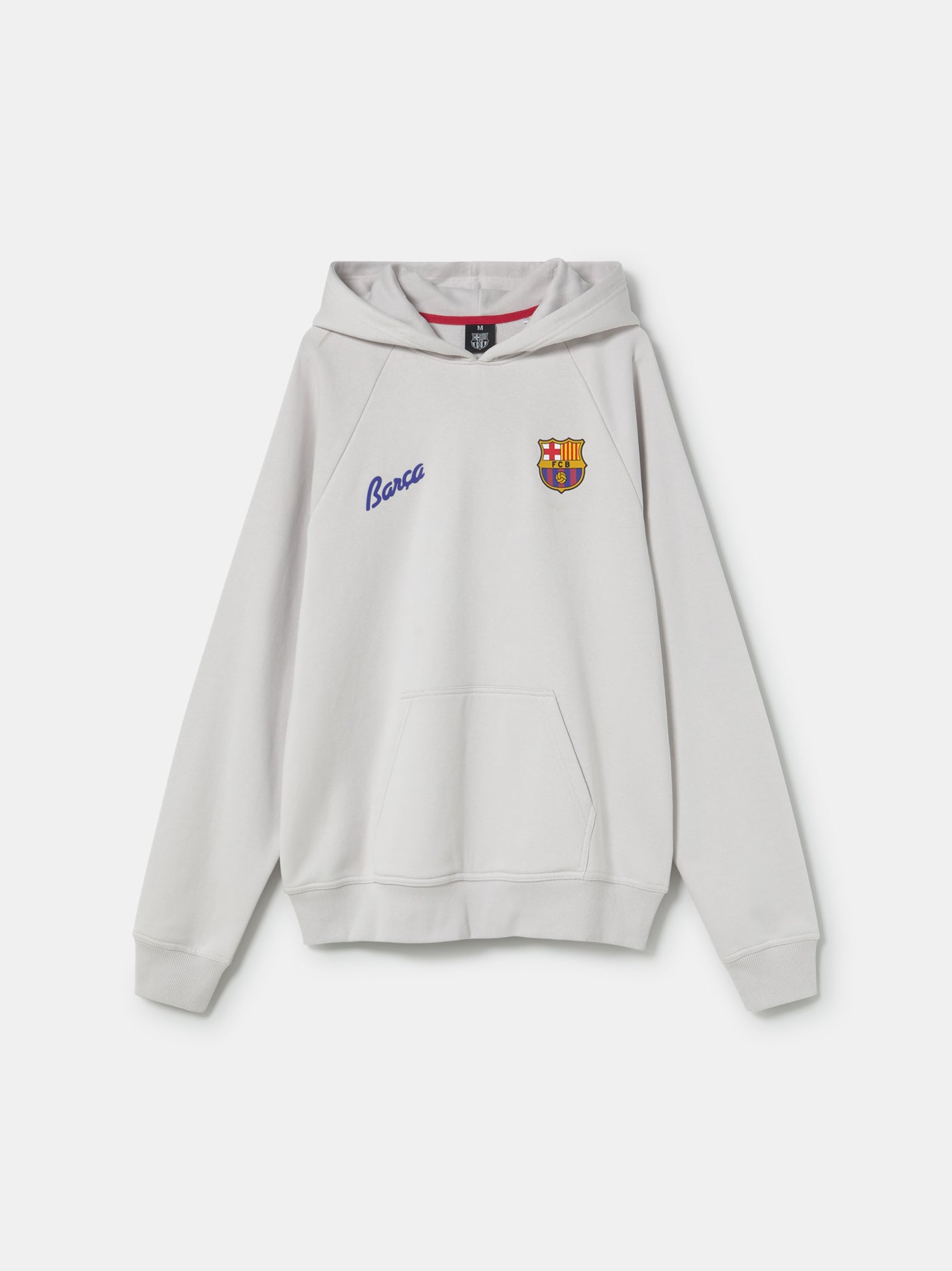 Light beige hoodie featuring a graphic of five interlocking circles with FC Barcelona colors and symbols on the back