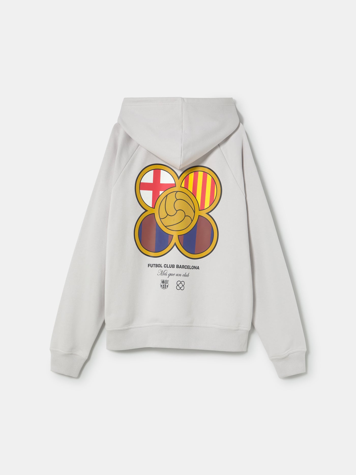 Light beige hoodie featuring a graphic of five interlocking circles with FC Barcelona colors and symbols on the back
