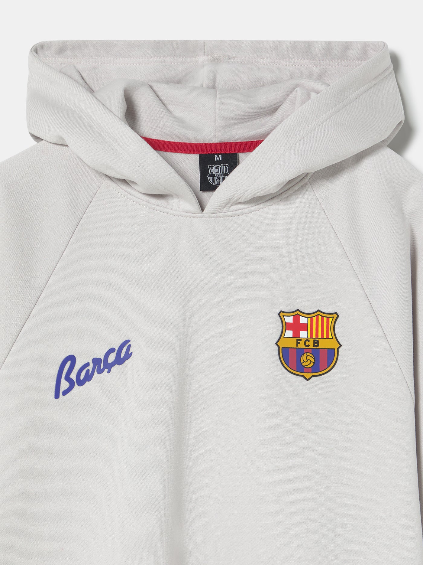 Light beige hoodie featuring a graphic of five interlocking circles with FC Barcelona colors and symbols on the back