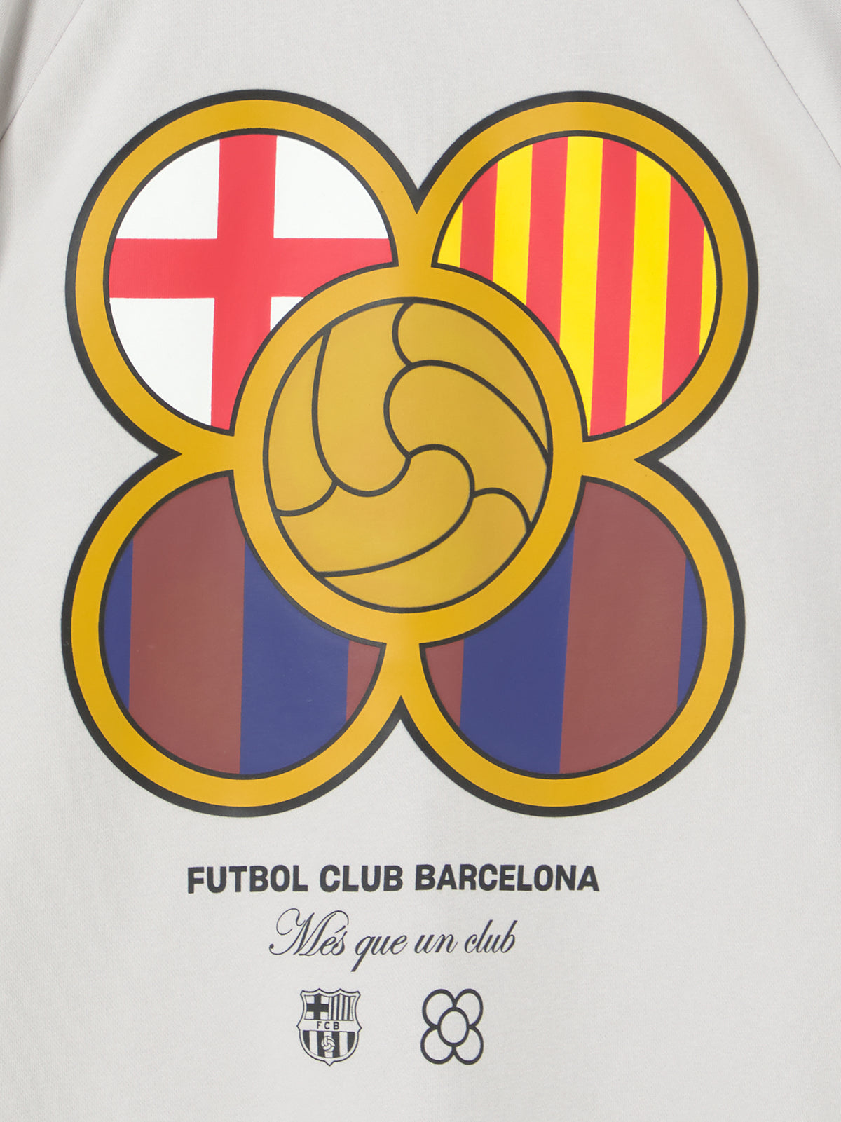 Light beige hoodie featuring a graphic of five interlocking circles with FC Barcelona colors and symbols on the back
