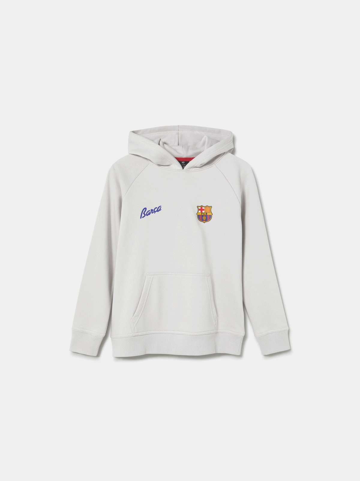 White FC Barcelona hoodie featuring a unique back design with a four-petal flower made of circular emblems: the St. George cross, Catalan flag, blaugrana stripes, and a central golden football. Below the graphic, the text reads “Futbol Club Barcelona” and “Més que un club” along with minimalist logos.
