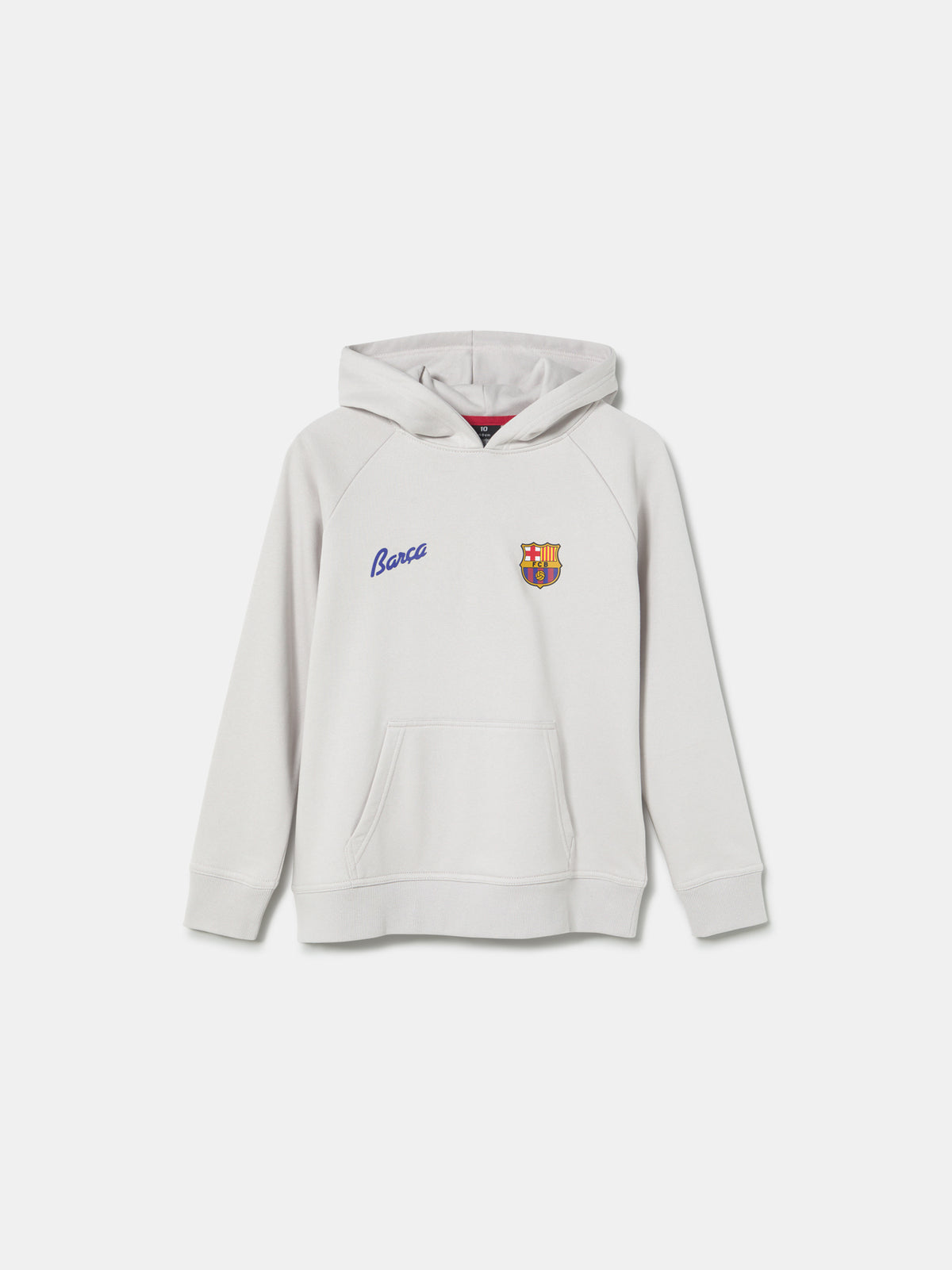 White FC Barcelona hoodie featuring a unique back design with a four-petal flower made of circular emblems: the St. George cross, Catalan flag, blaugrana stripes, and a central golden football. Below the graphic, the text reads “Futbol Club Barcelona” and “Més que un club” along with minimalist logos.