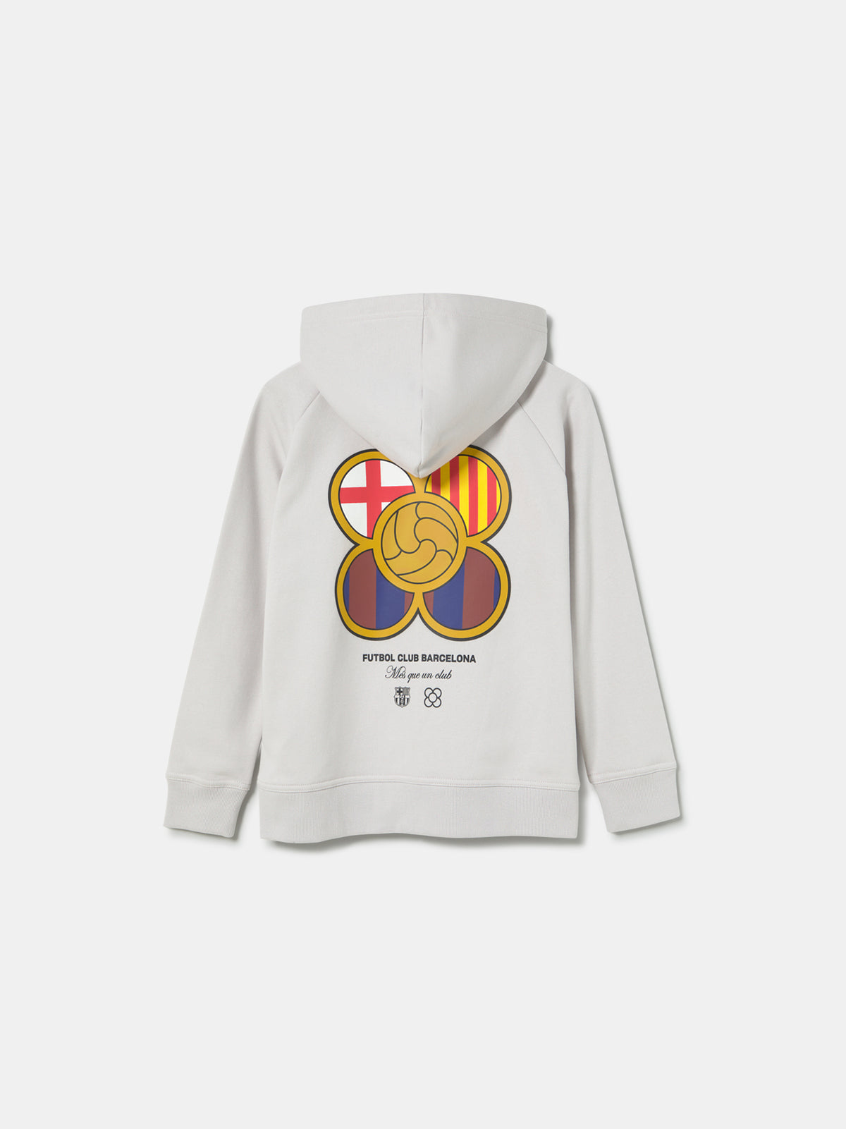 White FC Barcelona hoodie featuring a unique back design with a four-petal flower made of circular emblems: the St. George cross, Catalan flag, blaugrana stripes, and a central golden football. Below the graphic, the text reads “Futbol Club Barcelona” and “Més que un club” along with minimalist logos.