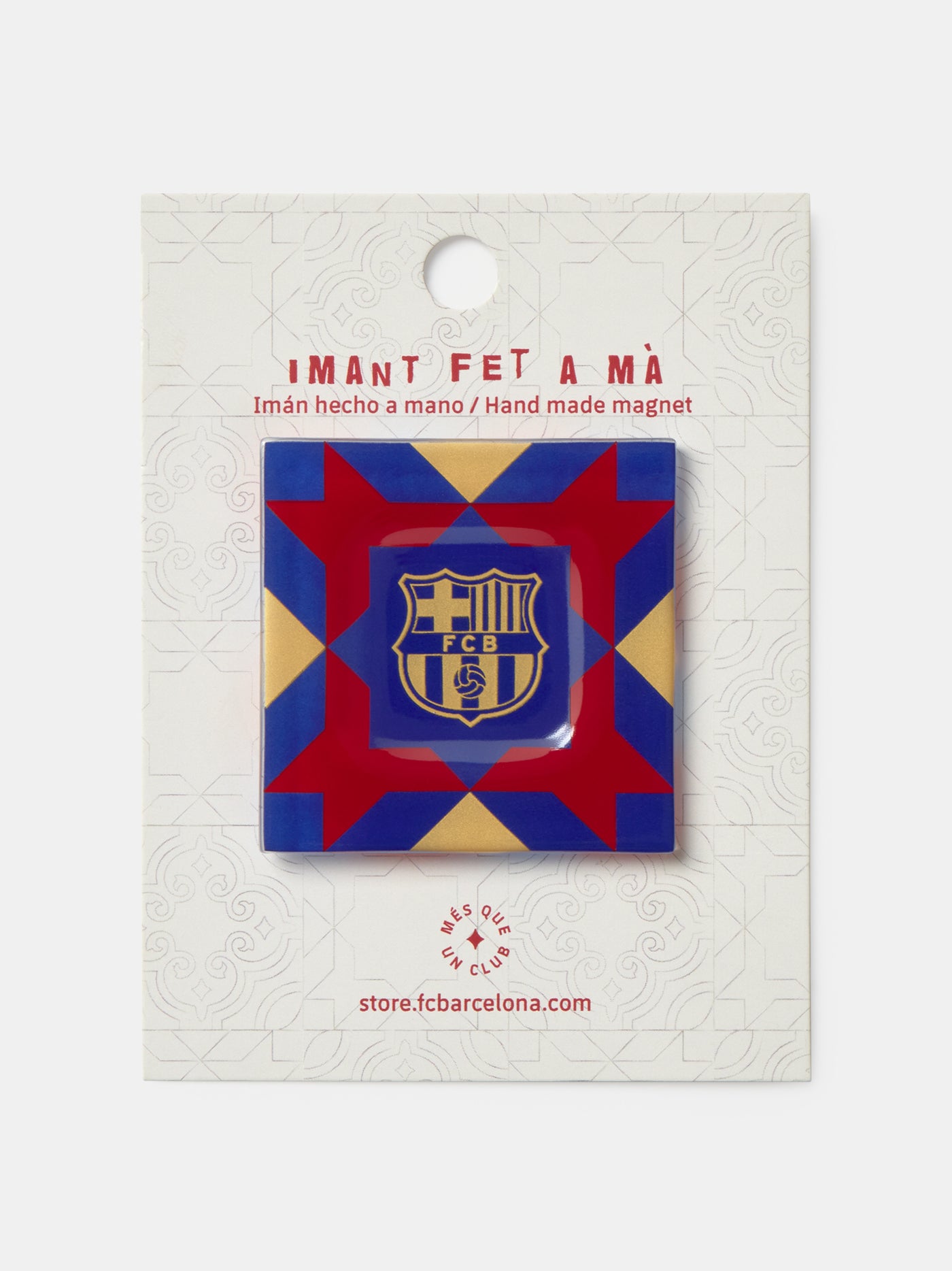 Handmade magnet with FC Barcelona logo on a branded card