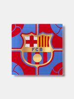 Magnet with FCB logo on a blue and red patterned background