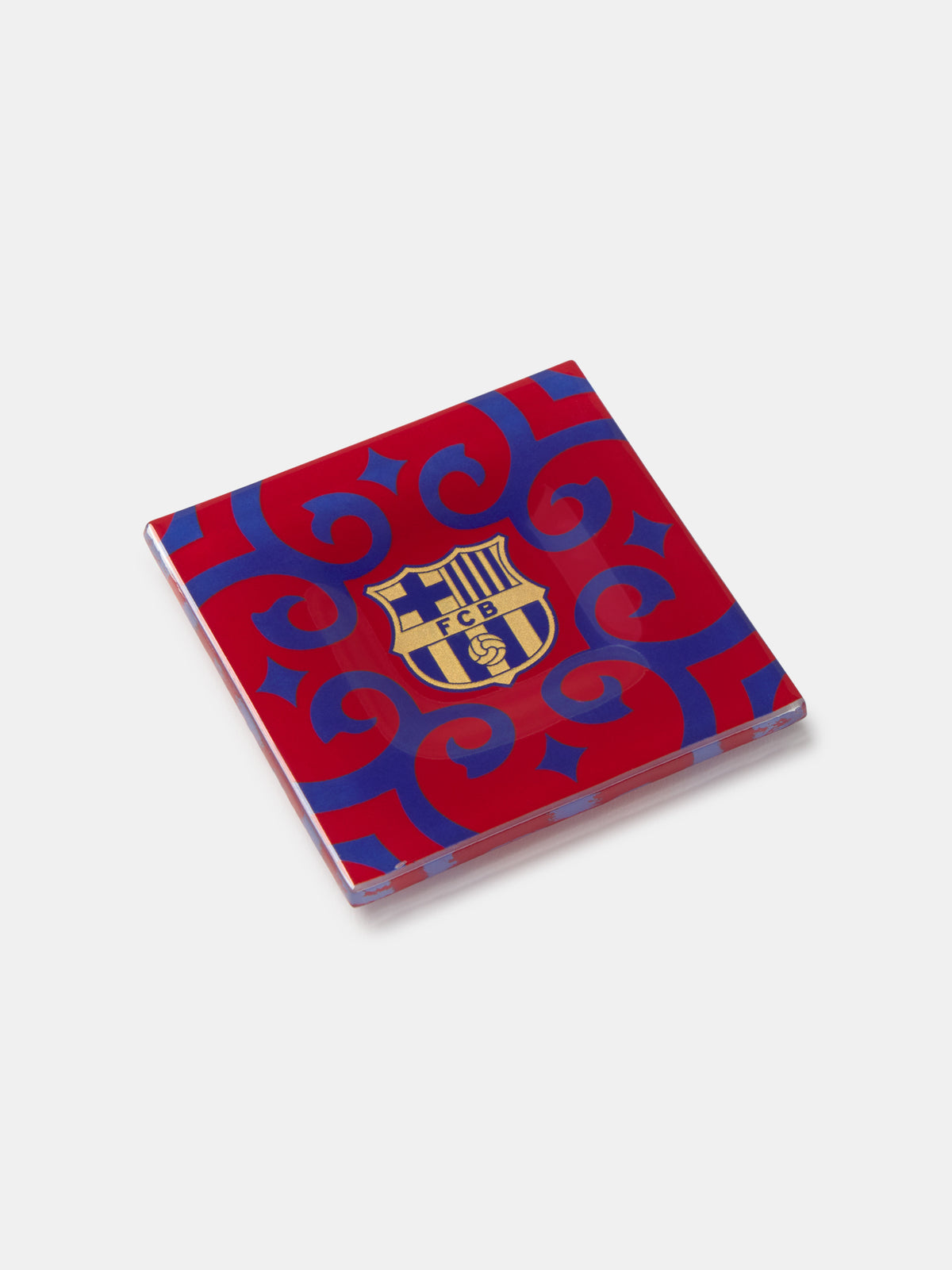 Magnet with a red and blue design and a gold emblem on a white background