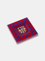 Magnet with a red and blue design and a gold emblem on a white background