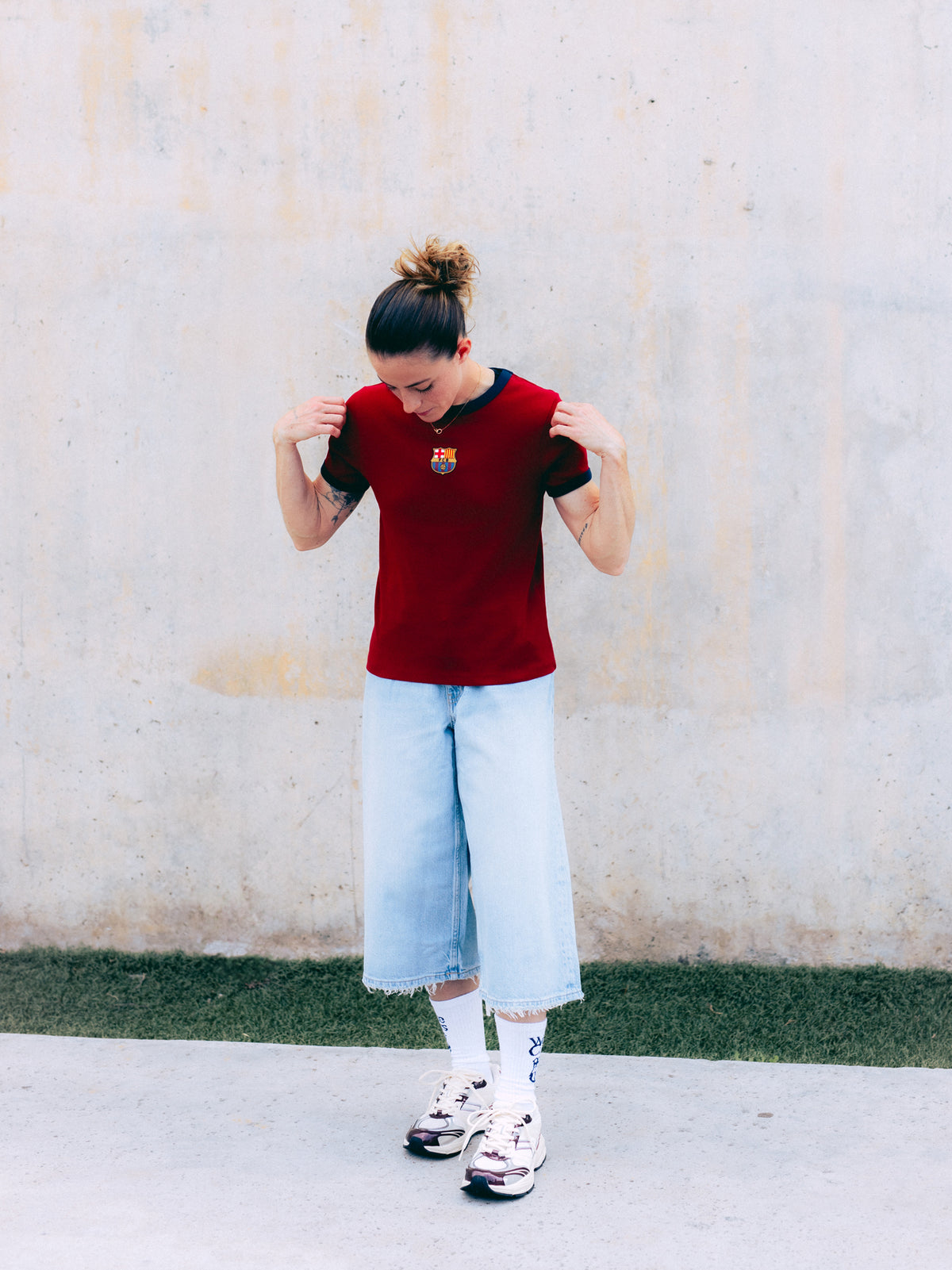 White sock with navy blue 'We are Culers' text and FC Barcelona crest on the calf, and 'FC BARCELONA' written on the foot.