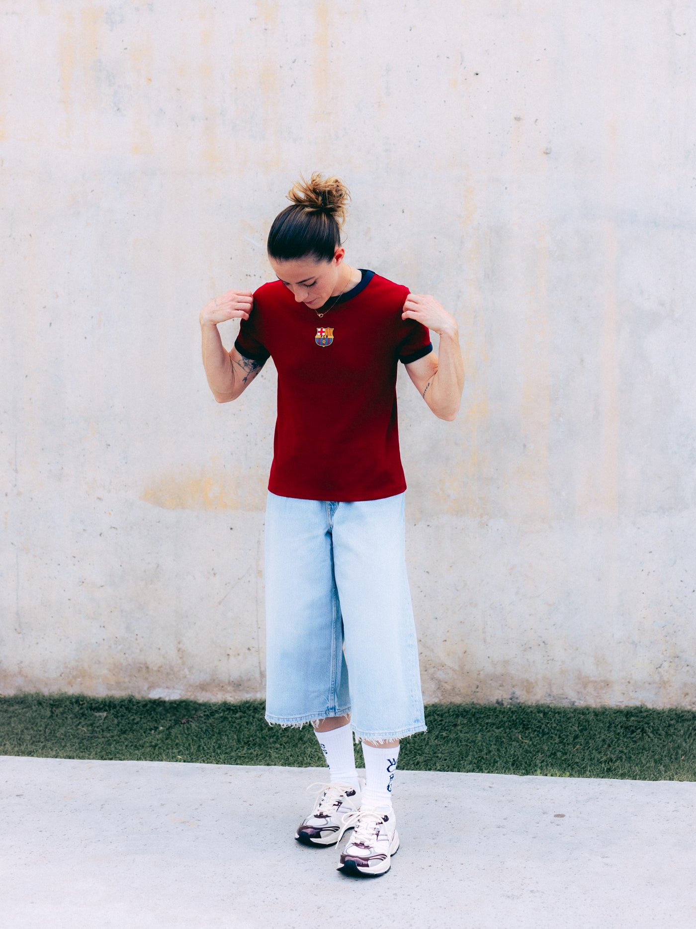White sock with navy blue 'We are Culers' text and FC Barcelona crest on the calf, and 'FC BARCELONA' written on the foot.