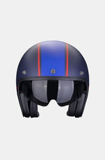 Dark blue open-face motorcycle helmet featuring red and blue 'Barça' text design and the FC Barcelona logo.