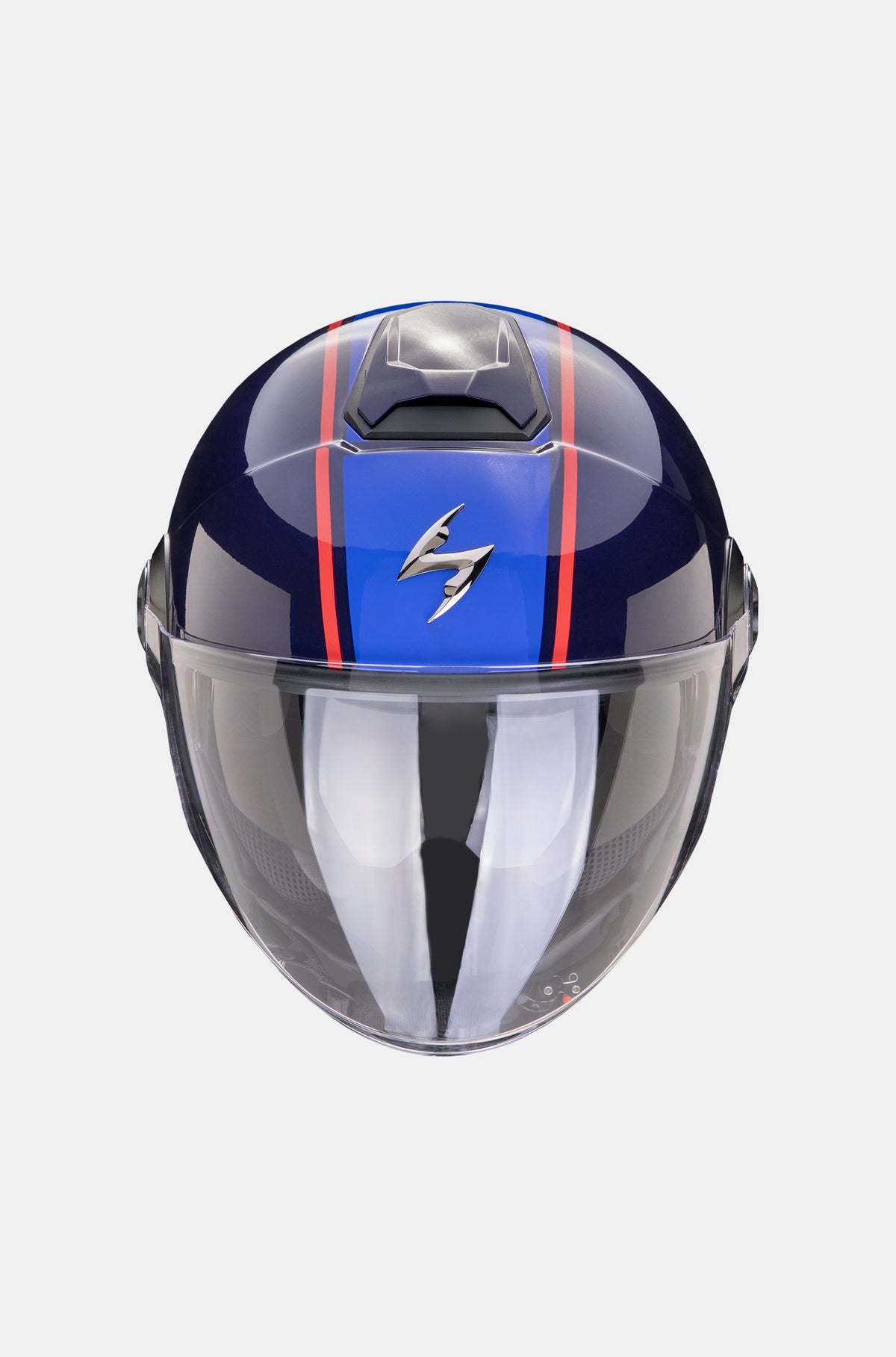 Dark blue modular motorcycle helmet with red and blue 'Barça' text, FC Barcelona logo, and clear front visor.