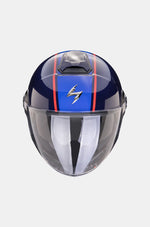 Dark blue modular motorcycle helmet with red and blue 'Barça' text, FC Barcelona logo, and clear front visor.