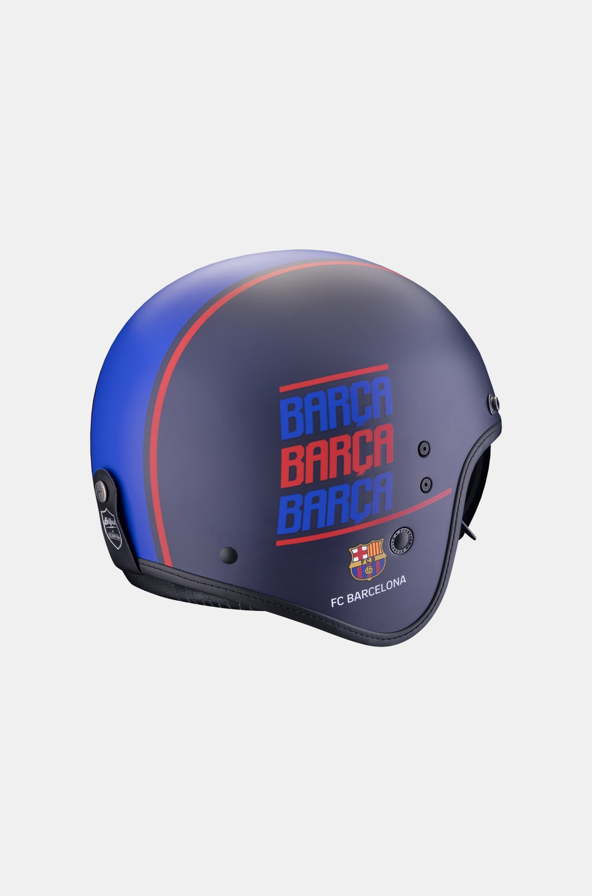Dark blue open-face motorcycle helmet featuring red and blue 'Barça' text design and the FC Barcelona logo.