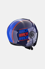 Dark blue modular motorcycle helmet with red and blue 'Barça' text, FC Barcelona logo, and clear front visor.