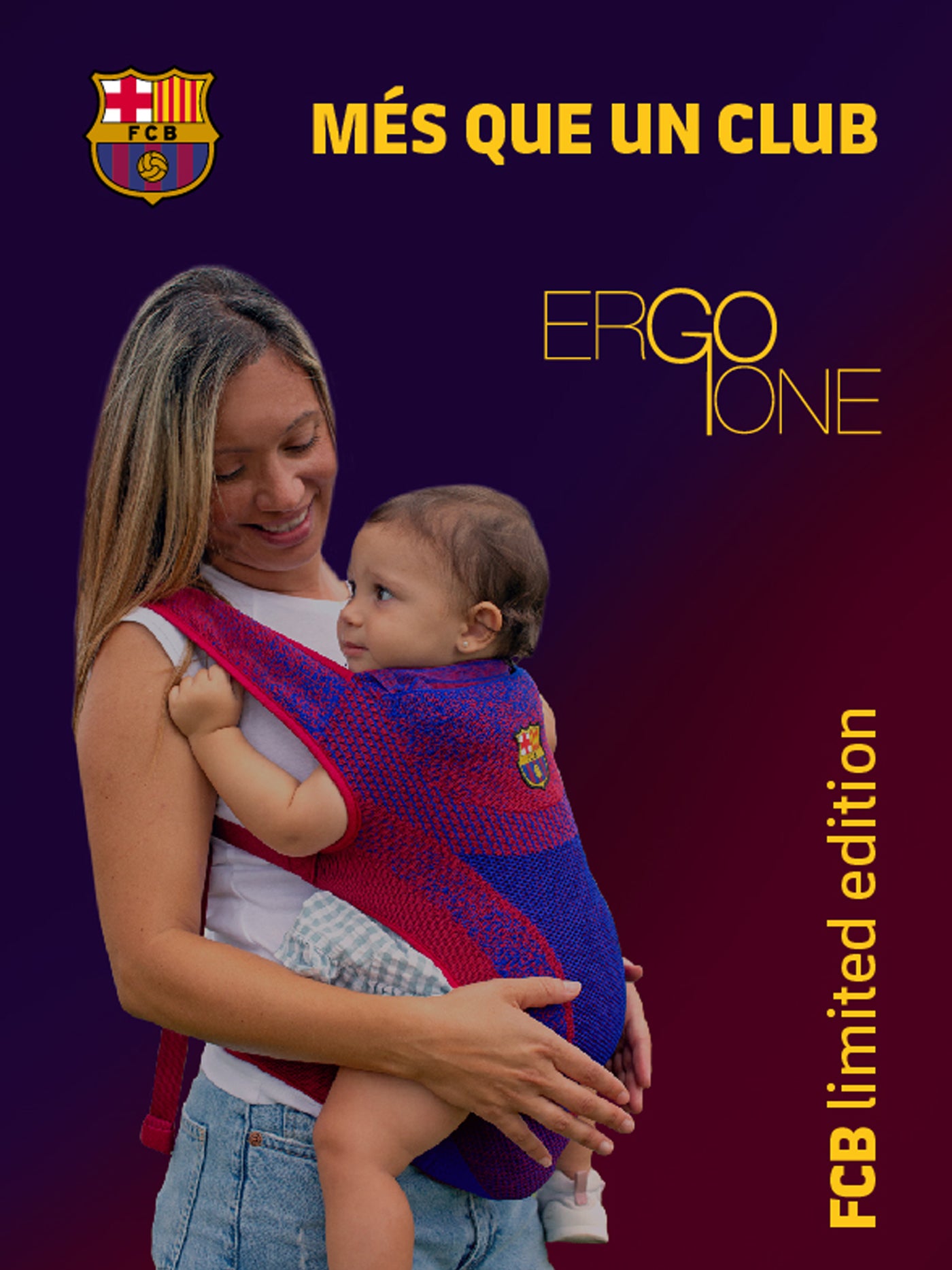  red and blue FC Barcelona baby carrier featuring the club's crest.