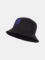 Black FC Barcelona bucket hat with purple crest and Nike logo