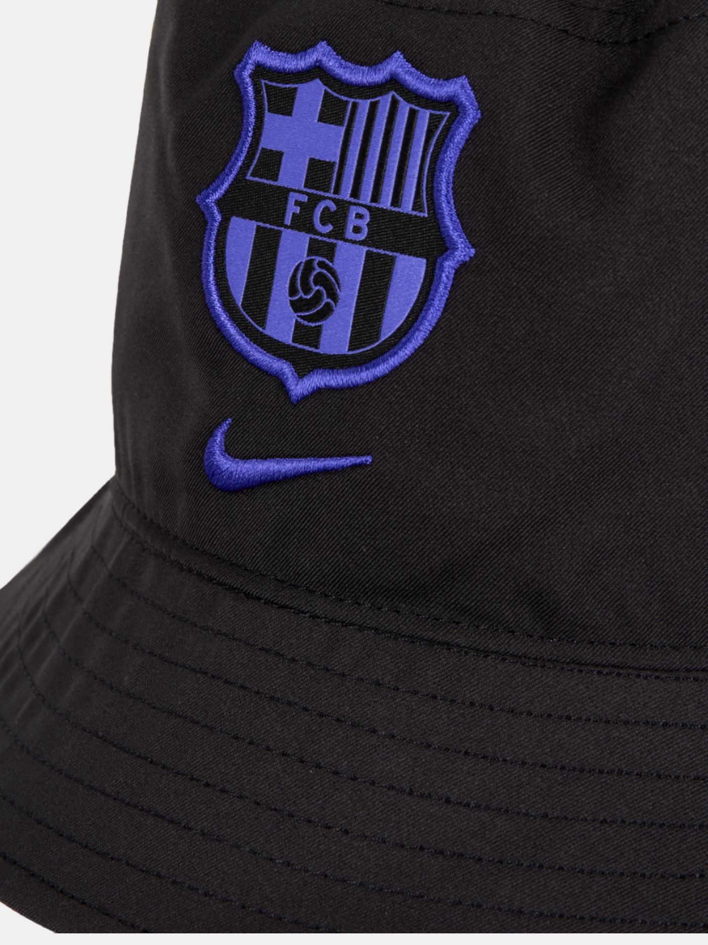 Black FC Barcelona bucket hat with purple crest and Nike logo