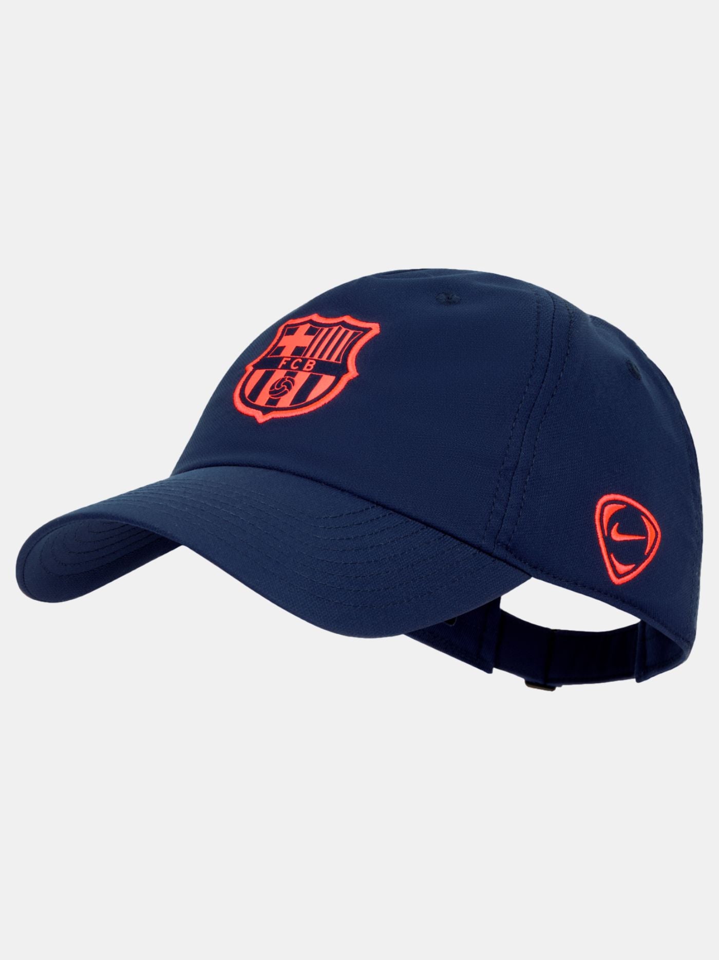 Navy blue FC Barcelona cap featuring the club crest in bright orange on the front
