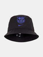 Black FC Barcelona bucket hat with purple crest and Nike logo