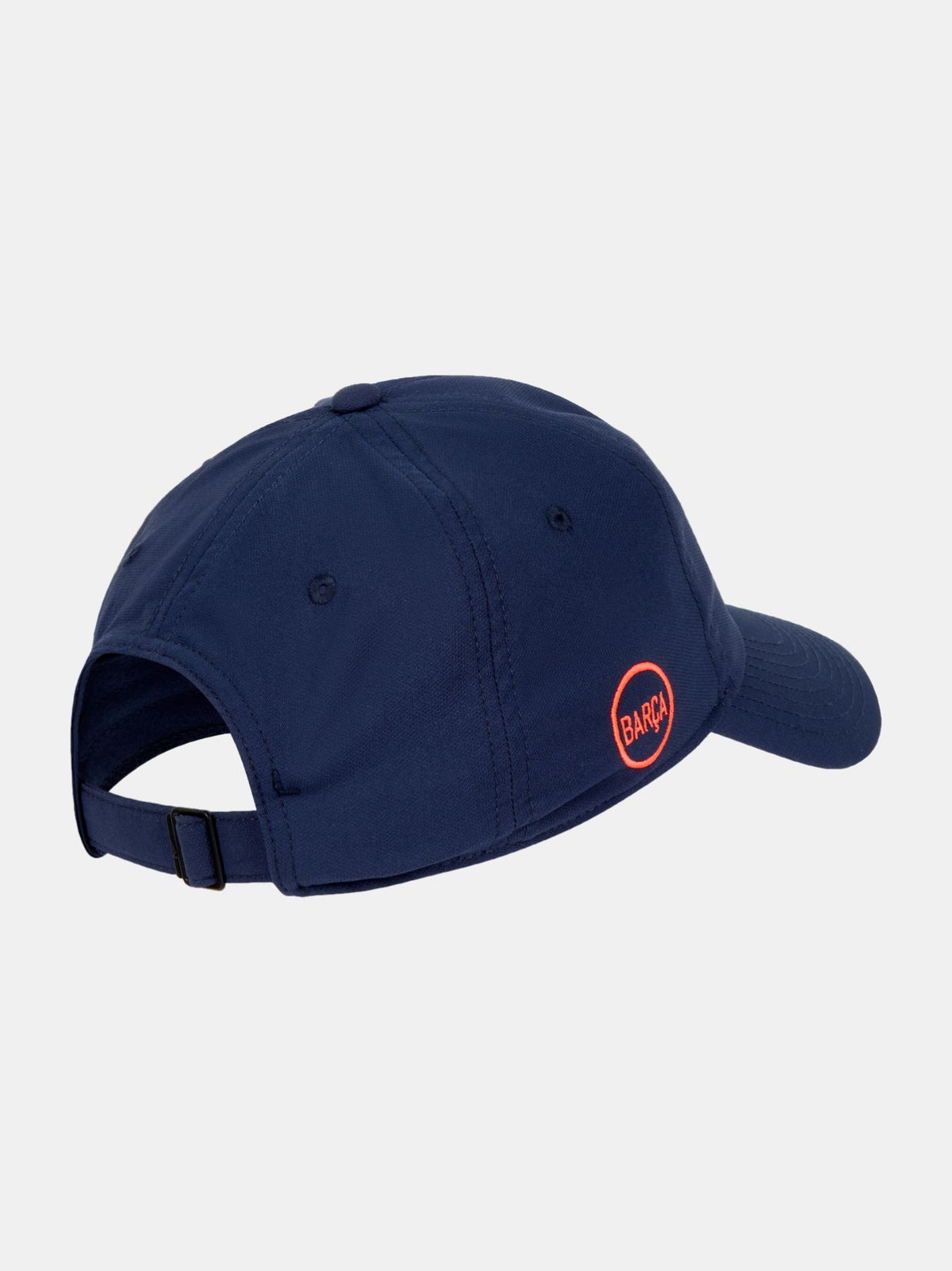Navy blue FC Barcelona cap featuring the club crest in bright orange on the front