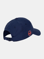 Navy blue FC Barcelona cap featuring the club crest in bright orange on the front