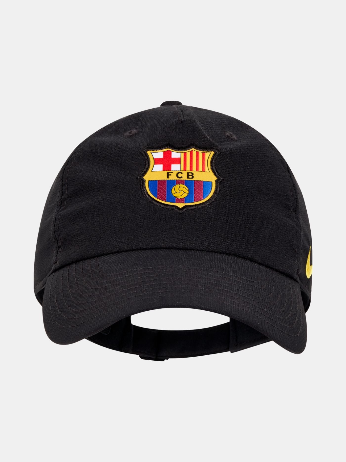Black FC Barcelona cap with the club crest on the front and yellow Nike logo on the side