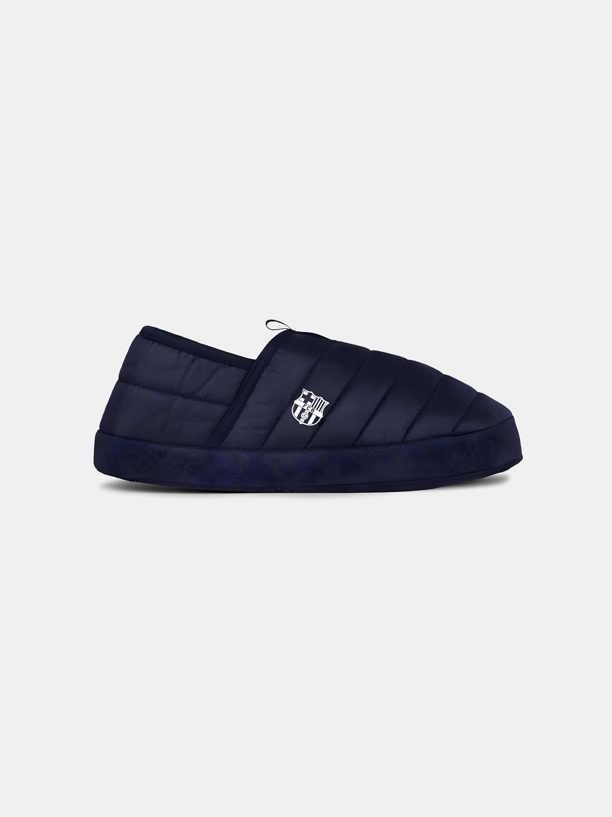 Pair of padded navy blue slippers featuring the FC Barcelona crest on the side