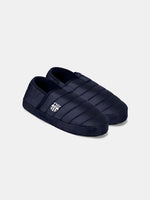 Pair of padded navy blue slippers featuring the FC Barcelona crest on the side