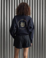 navy FC Barcelona sweatshirt with gold graphic design, club crest, and text 'Good Game Lover’s Crew since 1899'