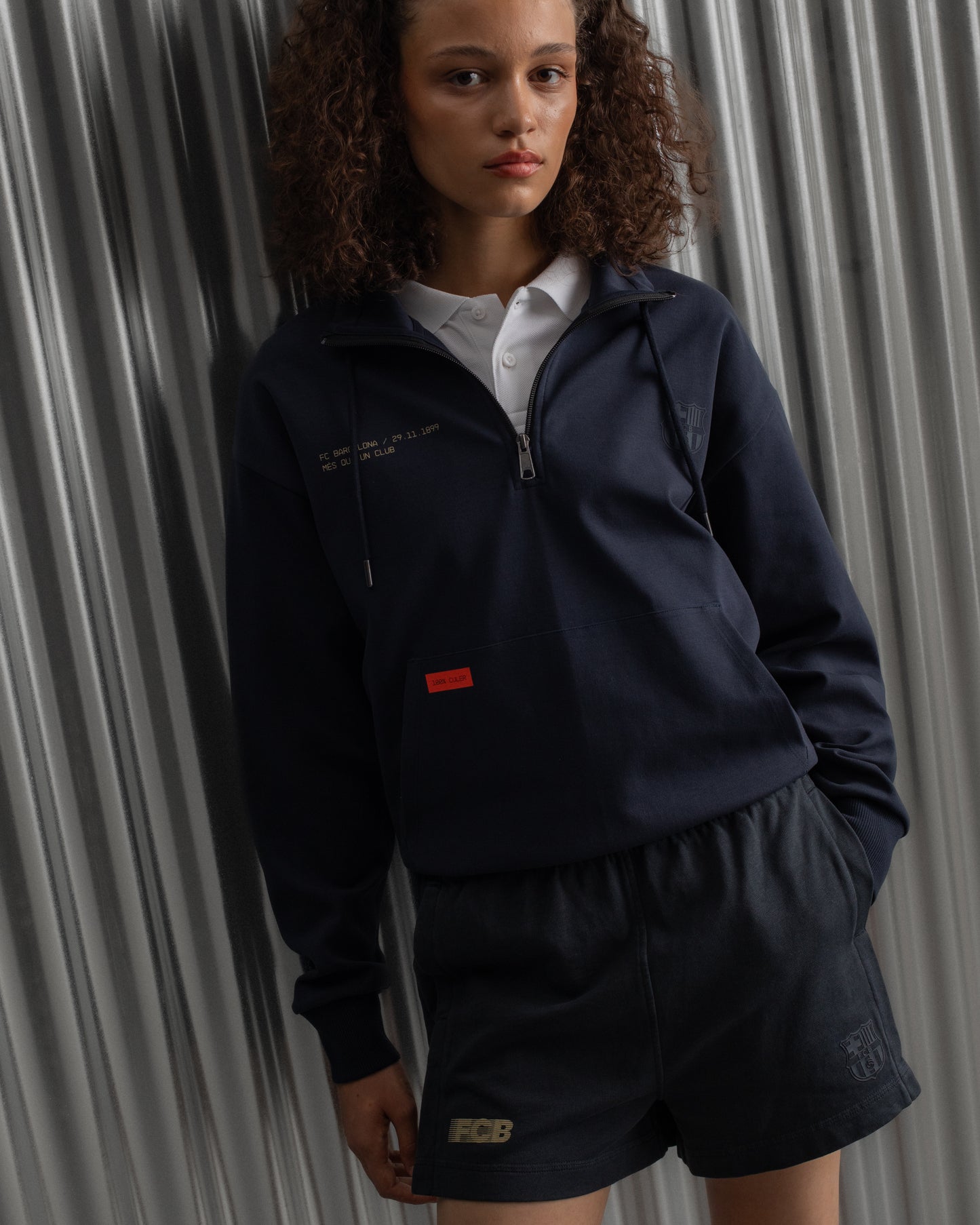 navy FC Barcelona sweatshirt with gold graphic design, club crest, and text 'Good Game Lover’s Crew since 1899'